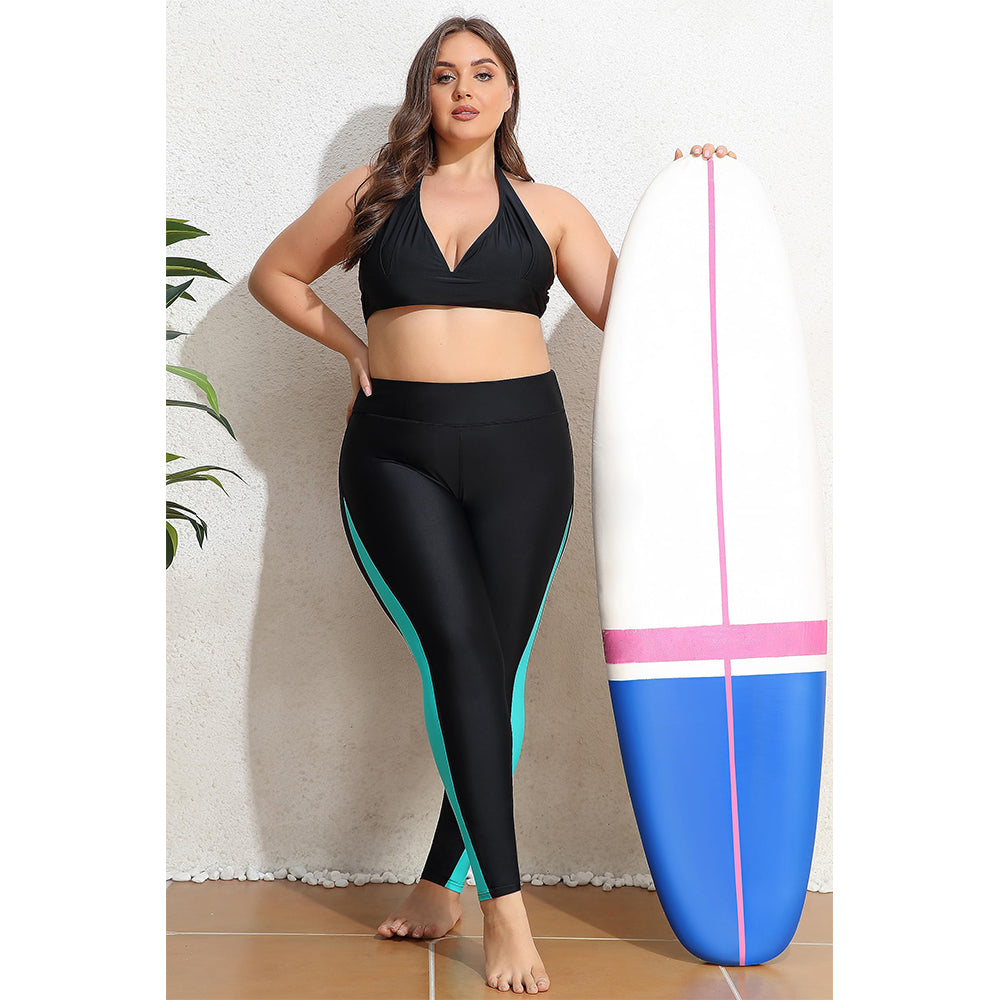 Charmo Women's Plus Size High Waisted Swim Leggings with Color Contrast Splice Swim Pants
