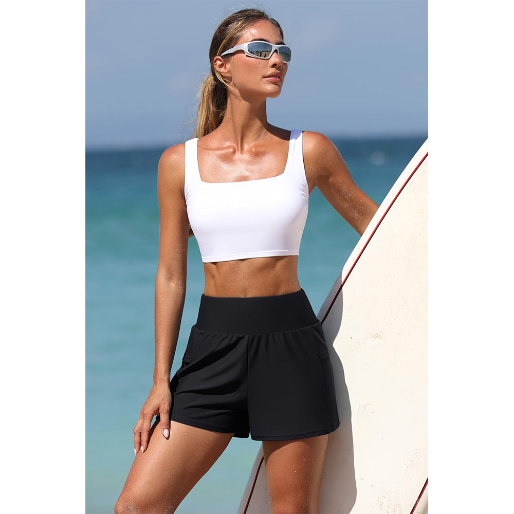 Charmo Women's High Waisted Swim Bottom Hidden Pockets Board Shorts Swim Shorts