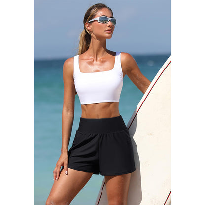 Charmo Women's High Waisted Swim Bottom Hidden Pockets Board Shorts Swim Shorts