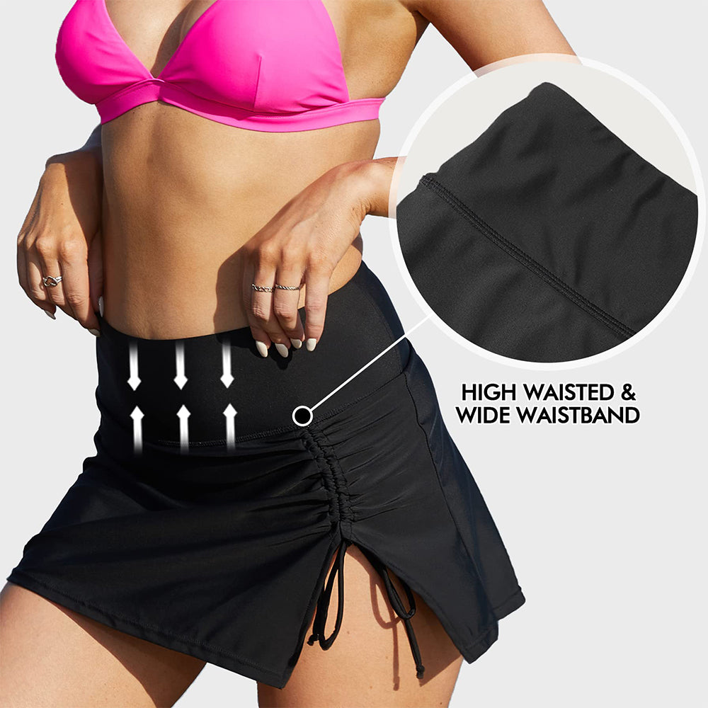 Charmo Women's High Waisted Split Swim Skirt Sporty Drawstring Skirted Swim Bottom with Built-in Panty