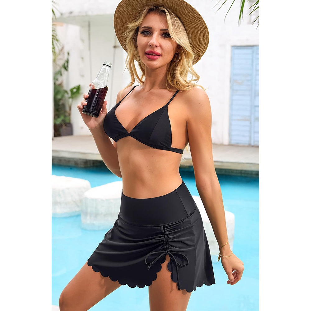 Charmo Women's Ruched Scallop Trim Swim Skirt Bottoms High Waisted Bathing Suit Skirts Split Tankini Swimsuit Bottom