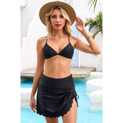 Charmo Women's Ruched Scallop Trim Swim Skirt Bottoms High Waisted Bathing Suit Skirts Split Tankini Swimsuit Bottom