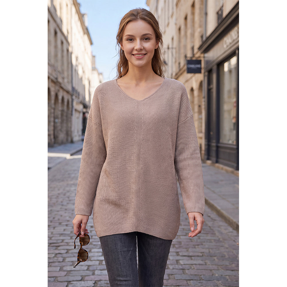 Attraco Women's Oversized V Neck Tunic Sweater Long Sleeve Ribbed Knit Pullover Casual Fall Winter Soft Cozy Top