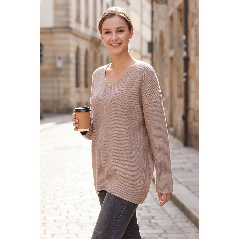 Attraco Women's Oversized V Neck Tunic Sweater Long Sleeve Ribbed Knit Pullover Casual Fall Winter Soft Cozy Top
