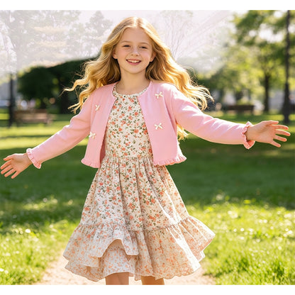 Attraco Girls' 100% Cotton Bow Knit Cardigan Sweater, Long Sleeve Crewneck Ruffle Hem Cropped Bolero Shrug 5-12Years