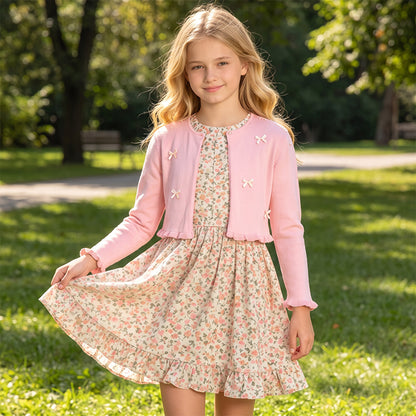Attraco Girls' 100% Cotton Bow Knit Cardigan Sweater, Long Sleeve Crewneck Ruffle Hem Cropped Bolero Shrug 5-12Years