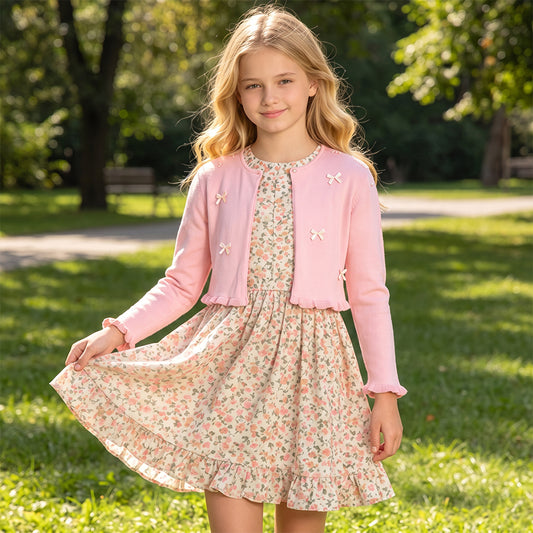 Attraco Girls' 100% Cotton Bow Knit Cardigan Sweater, Long Sleeve Crewneck Ruffle Hem Cropped Bolero Shrug 5-12Years