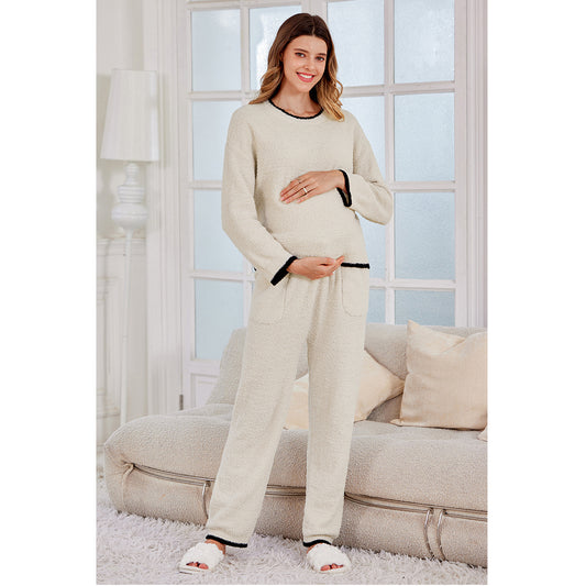 V For City Pajamas Fleece 2 Piece Postpartum Lounge Set Maternity Comfy Pockets Color Block Long Sleeve Cozy Winter
