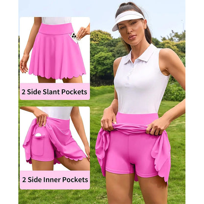 Attraco Women High Waist Scalloped Hem Tennis Skirt with Built In Shorts and Four Side Pockets