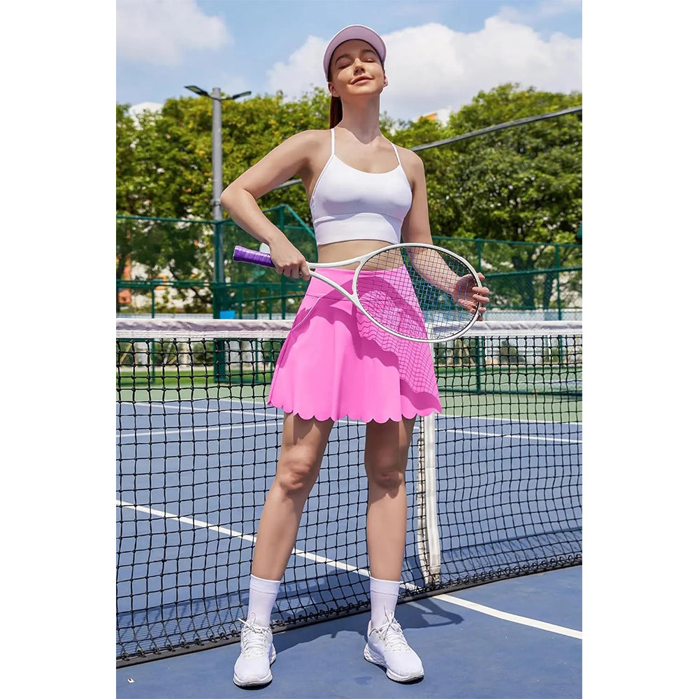 Attraco Women High Waist Scalloped Hem Tennis Skirt with Built In Shorts and Four Side Pockets