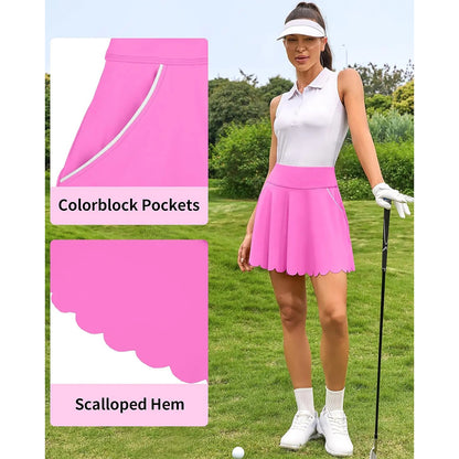 Attraco Women High Waist Scalloped Hem Tennis Skirt with Built In Shorts and Four Side Pockets