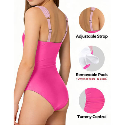 Charmo Girls Swimsuit One Piece Bathing Suits Retro Square Neck Ruched Adjustable Strap Swimwear Size 7-16 Years