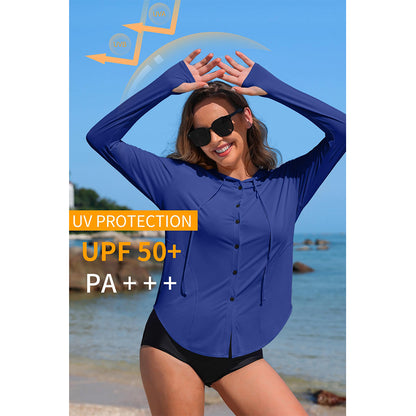 Attraco Women's UPF 50+ Sun Protection Clothing Rash Guard Button Down SPF Hoodie Beach Shirts