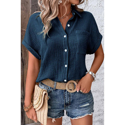 Attraco Women's Short Sleeve Roll Cuff Button Front Cotton Shirt with Chest Pocket
