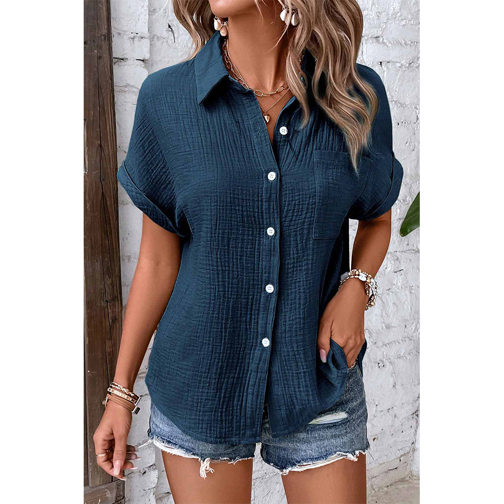 Attraco Women's Short Sleeve Roll Cuff Button Front Cotton Shirt with Chest Pocket