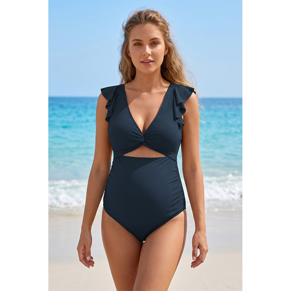 Charmo Women's Maternity One Piece Swimsuit with Ruffle Sleeves, Ribbed V Neck Cutout Tie Back Pregnancy Swimwear
