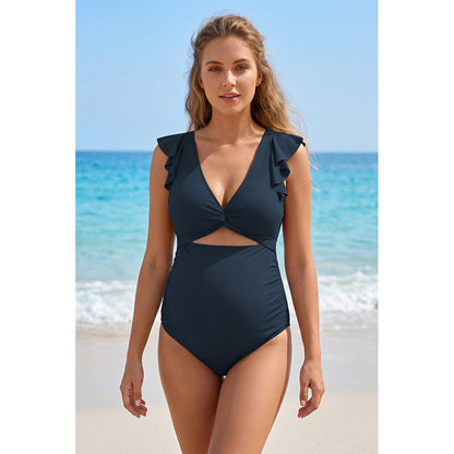 Charmo Women's Maternity One Piece Swimsuit with Ruffle Sleeves, Ribbed V Neck Cutout Tie Back Pregnancy Swimwear