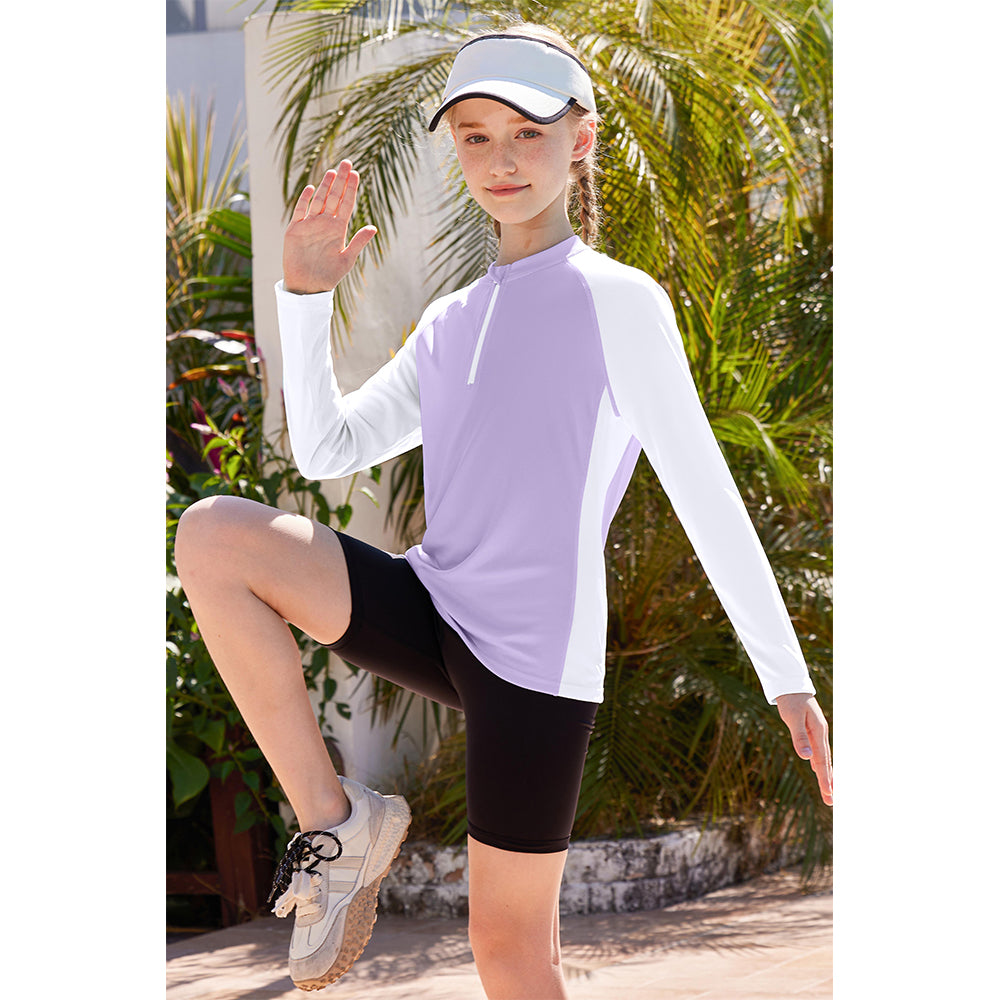 Charmo Rash Guard for Girls UPF 50+ UV Protection Swim Shirt Zip Up Long Sleeve Swim Top Athletic Shirts 7-16 Years