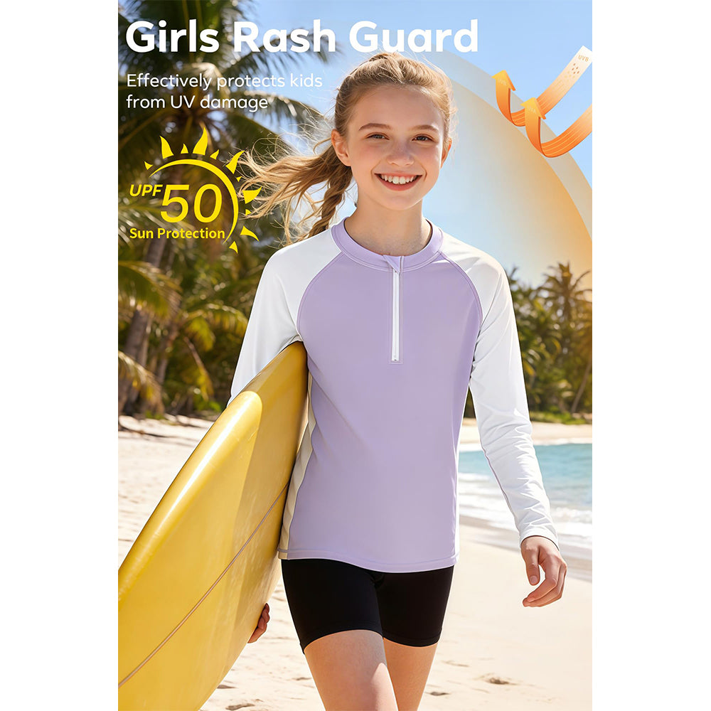 Charmo Rash Guard for Girls UPF 50+ UV Protection Swim Shirt Zip Up Long Sleeve Swim Top Athletic Shirts 7-16 Years