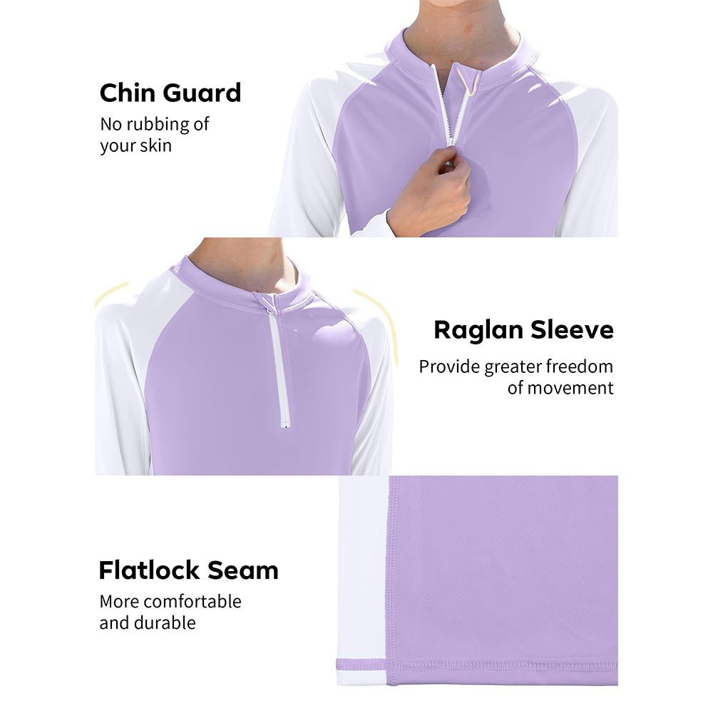 Charmo Rash Guard for Girls UPF 50+ UV Protection Swim Shirt Zip Up Long Sleeve Swim Top Athletic Shirts 7-16 Years