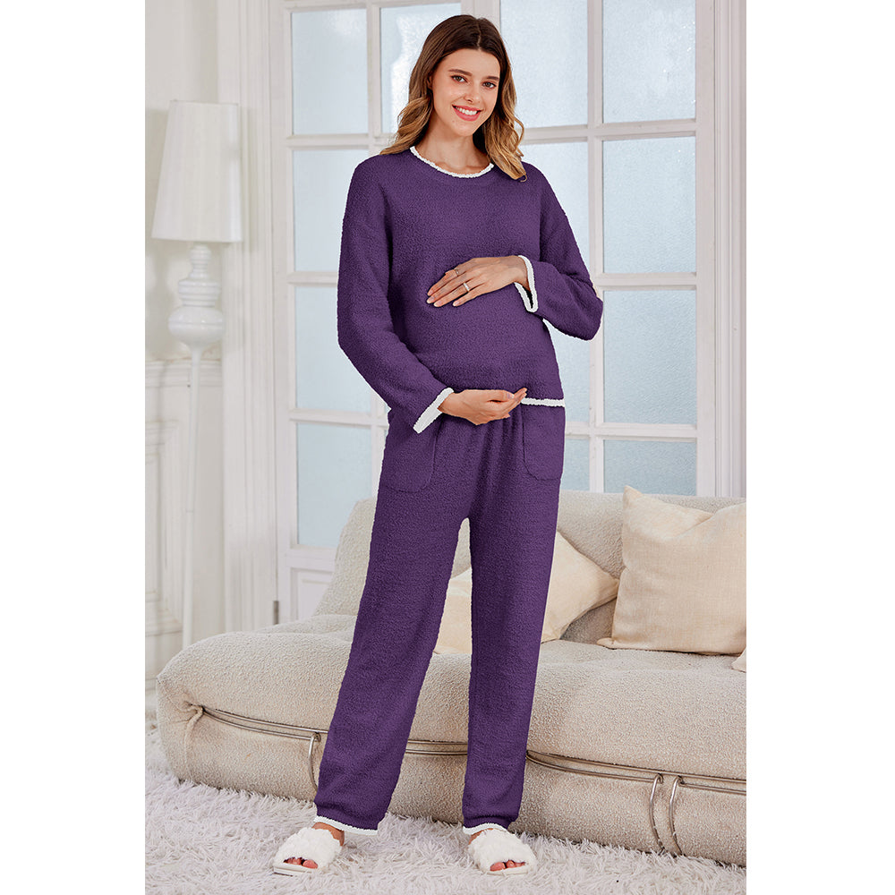 V For City Pajamas Fleece 2 Piece Postpartum Lounge Set Maternity Comfy Pockets Color Block Long Sleeve Cozy Winter