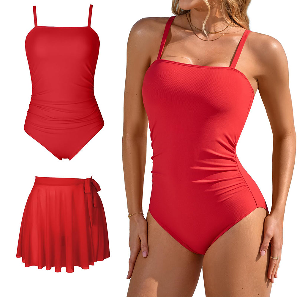 Charmo Women's Square Neck Ruched Adjustableap One Piece Swimsuit with Removable Mesh Swim Skirt