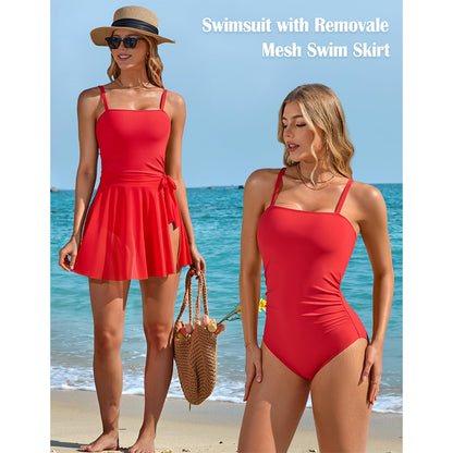 Charmo Women's Square Neck Ruched Adjustableap One Piece Swimsuit with Removable Mesh Swim Skirt