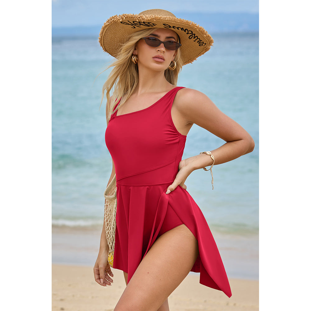 Charmo Women's Asymmetrical Shoulder One Piece Skirted Swimsuit with Side Slit & Built-In Brief Swimming Dress