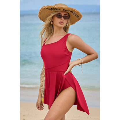 Charmo Women's Asymmetrical Shoulder One Piece Skirted Swimsuit with Side Slit & Built-In Brief Swimming Dress