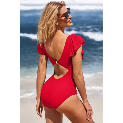 Charmo Women's Ruffled Sleeves Bust Ring Accent Figure-Flattering Cutouts One Piece Swimsuit