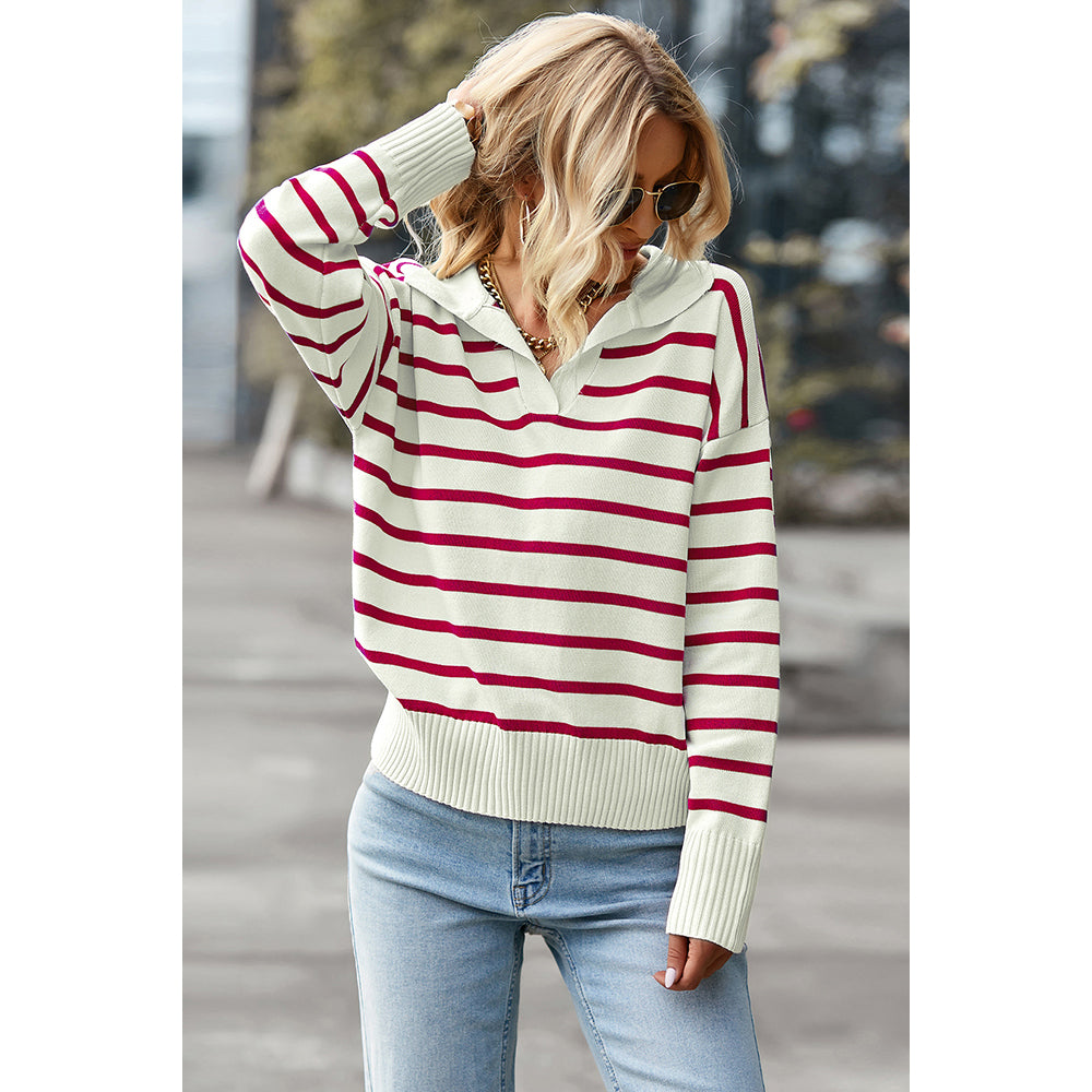 Attraco Women's Striped Collared Long Sleeve Knit Sweater Pullover Tops