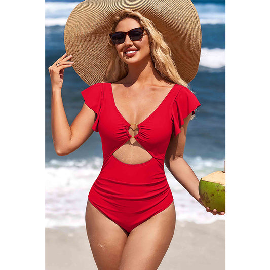 Charmo Women's Ruffled Sleeves Bust Ring Accent Figure-Flattering Cutouts One Piece Swimsuit