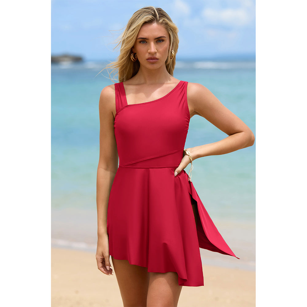 Charmo Women's Asymmetrical Shoulder One Piece Skirted Swimsuit with Side Slit & Built-In Brief Swimming Dress