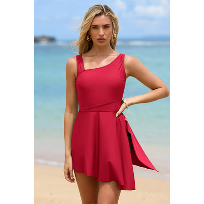 Charmo Women's Asymmetrical Shoulder One Piece Skirted Swimsuit with Side Slit & Built-In Brief Swimming Dress