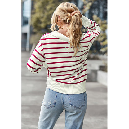 Attraco Women's Striped Collared Long Sleeve Knit Sweater Pullover Tops