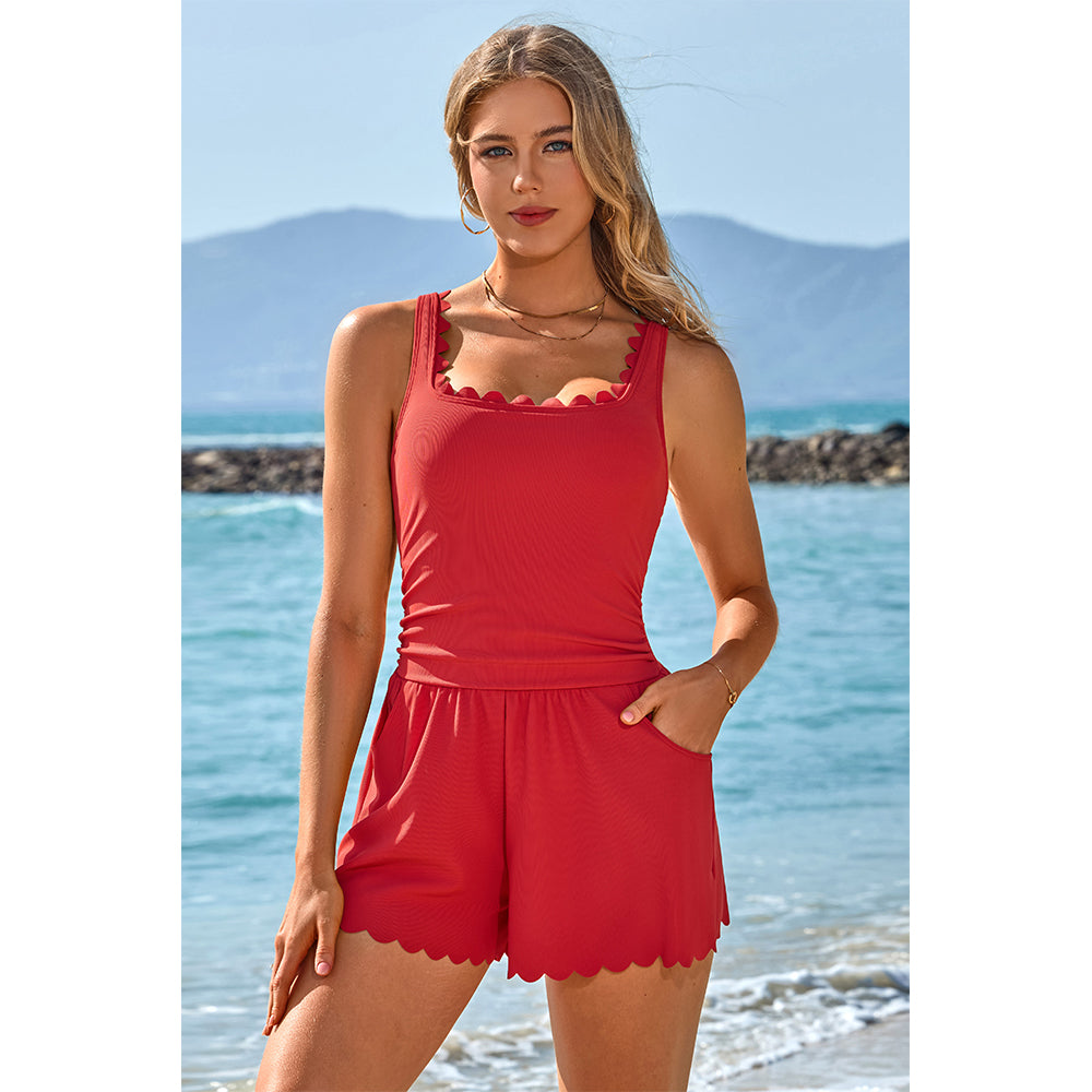 Charmo Women's Scalloped Romper Swimsuits with Side Pockets & Built In Bottom Swimwear