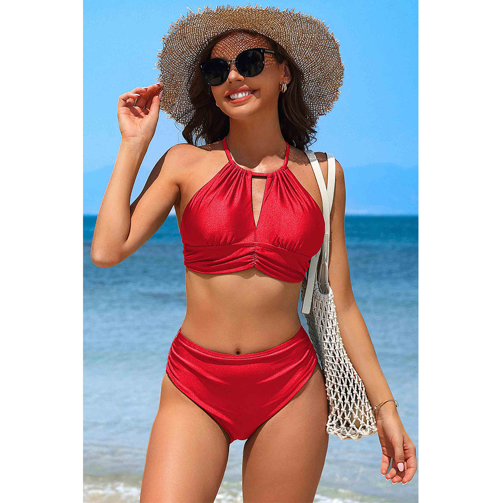 Charmo Women's Halter Keyhole Ruched High Waisted Two Piece Bikini Set