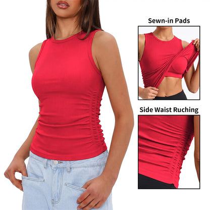 Attraco Women's Ribbed Athletic Tank Top with Built-In Bra and Side Ruched Detail