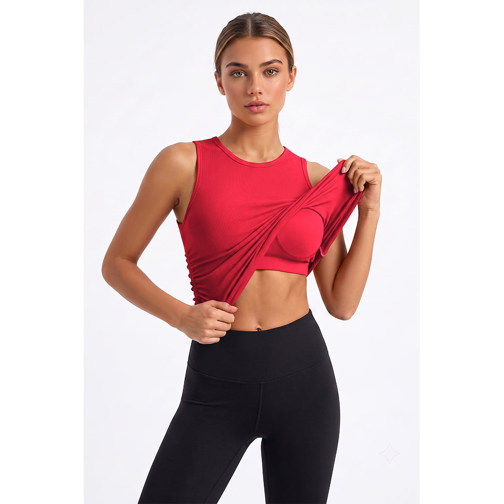 Attraco Women's Ribbed Athletic Tank Top with Built-In Bra and Side Ruched Detail