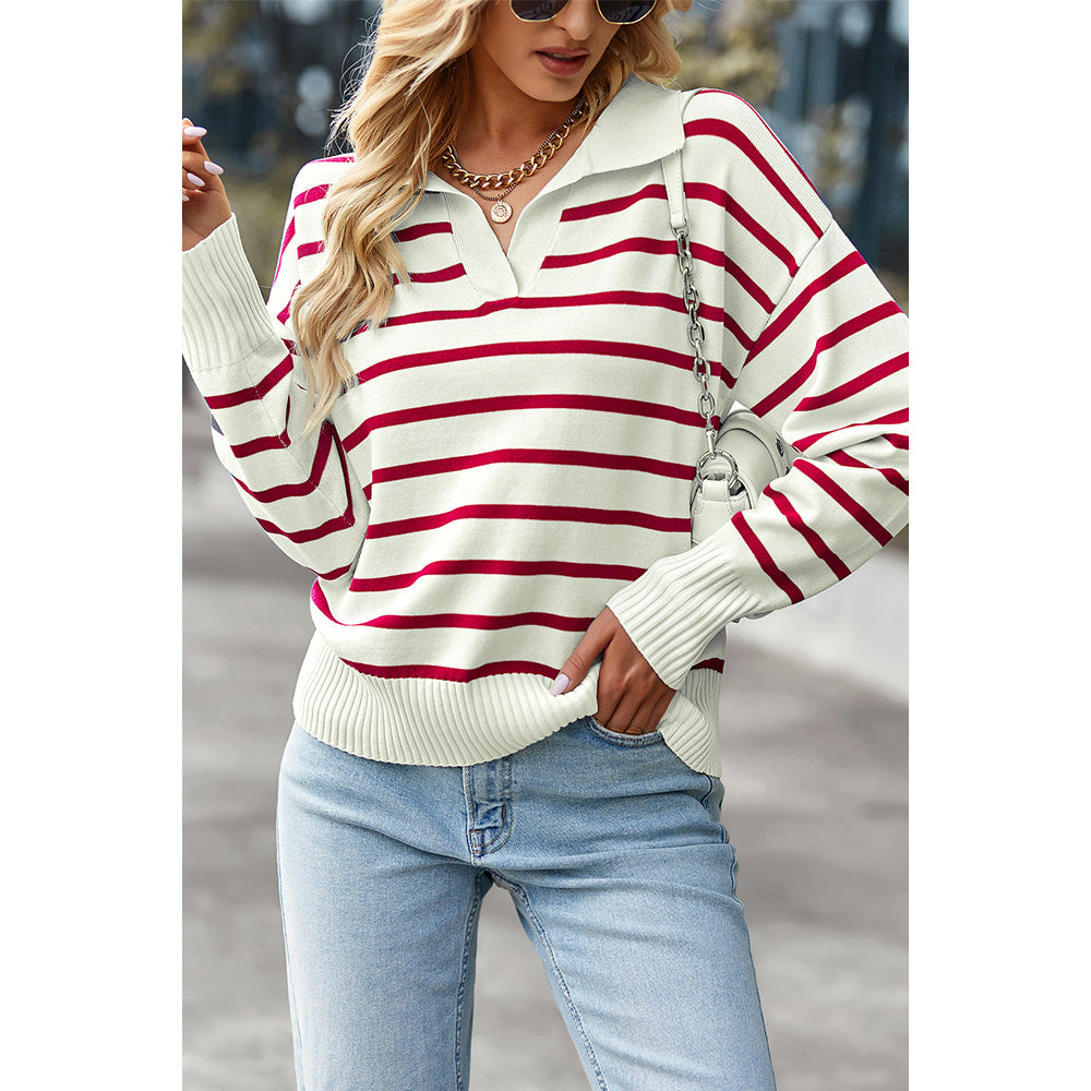Attraco Women's Striped Collared Long Sleeve Knit Sweater Pullover Tops