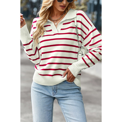 Attraco Women's Striped Collared Long Sleeve Knit Sweater Pullover Tops