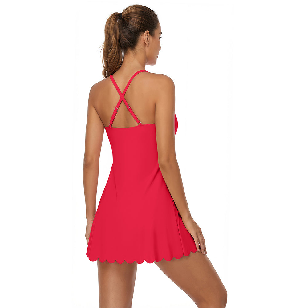 Attraco Women's Scalloped Hem Tennis Dress with Built-in Bra and Shorts Pockets Adjustable Crisscross Back Active Dress