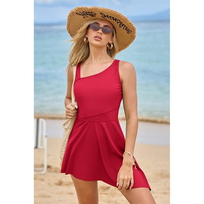 Charmo Women's Asymmetrical Shoulder One Piece Skirted Swimsuit with Side Slit & Built-In Brief Swimming Dress