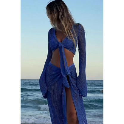 Charmo Women's Crochet Knit Tie Front Cropped Top and Wrap Skirt Set Two Piece Beach Cover Up Set