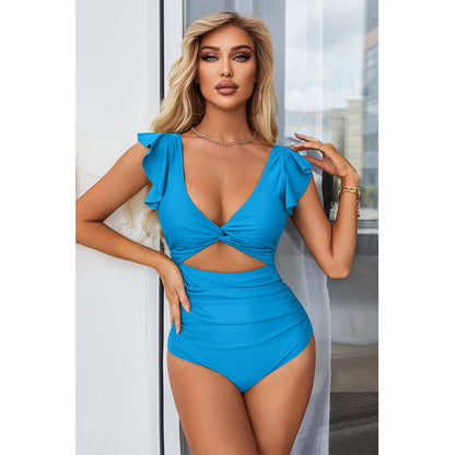 Charmo Women's Ruffled Sleeve Twist Front Cutout Back Plunging One Piece Swimsuit