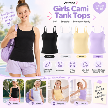 Attraco Girls Seamless Cami Tank Top with Built-in Bra, Lightweight Stretch Camisole for Dance, Tennis, Gym, School and Everyday Wear 9-16Years