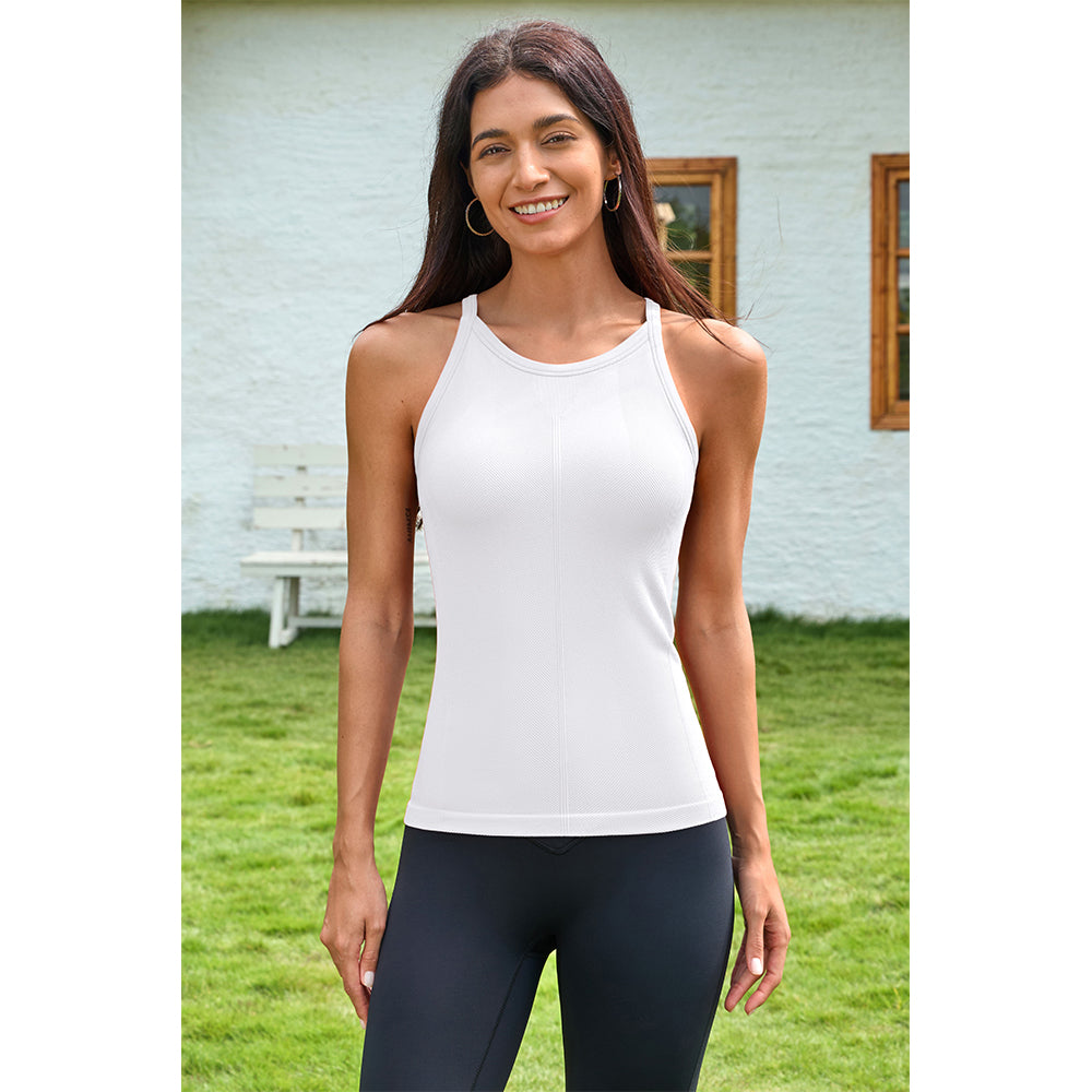 Attraco Women's Seamless Workout Tank Tops with Built in Bra Crew Neck Basic Ribbed Tank Top Racerback Athletic Camisole