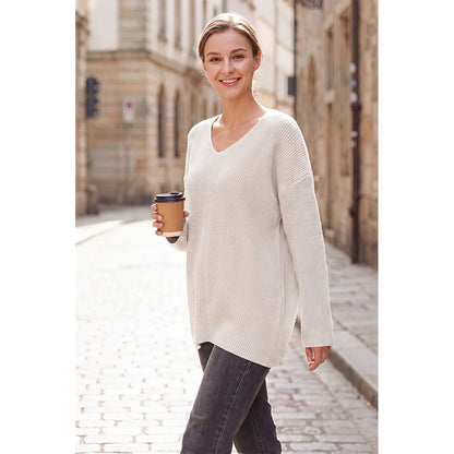 Attraco Women's Oversized V Neck Tunic Sweater Long Sleeve Ribbed Knit Pullover Casual Fall Winter Soft Cozy Top