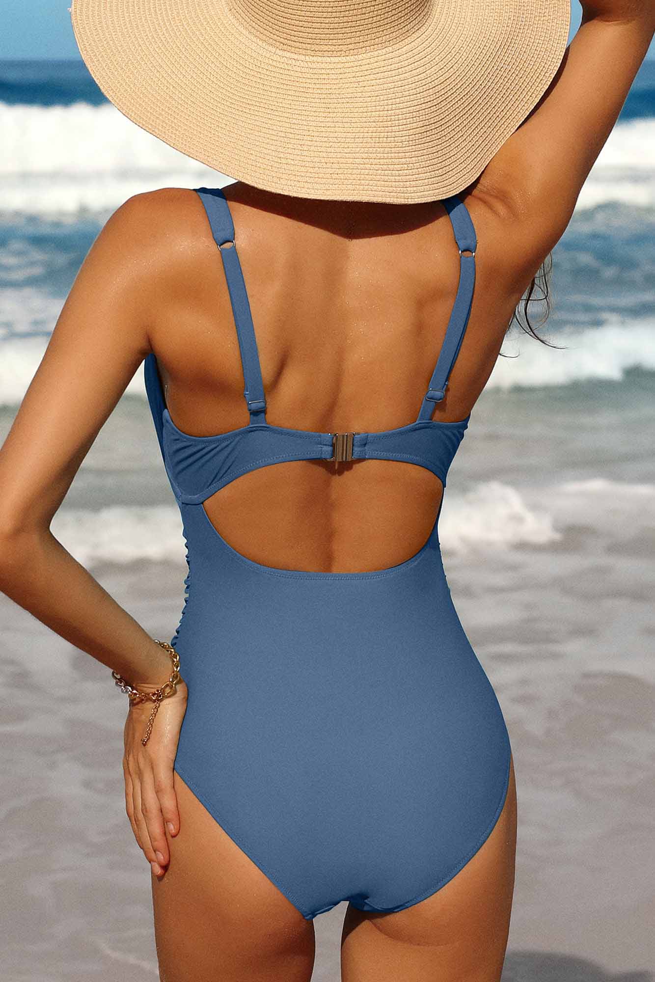 Ruched Tummy Control High Cut Backless Swimwear-1362