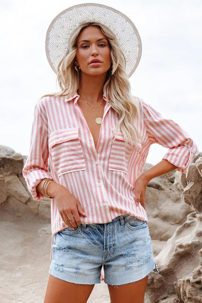 Nine-quarter Sleeve Loose Striped Shirt Blouse Top-LX120424